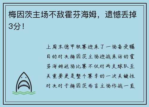 梅因茨主场不敌霍芬海姆，遗憾丢掉3分！